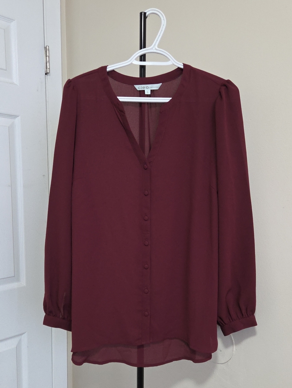 cleo Wine-Red V-Neck Button Blouse